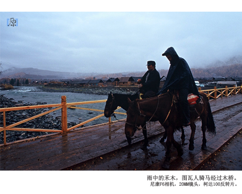 雨中的禾木，图瓦人骑马经过木桥